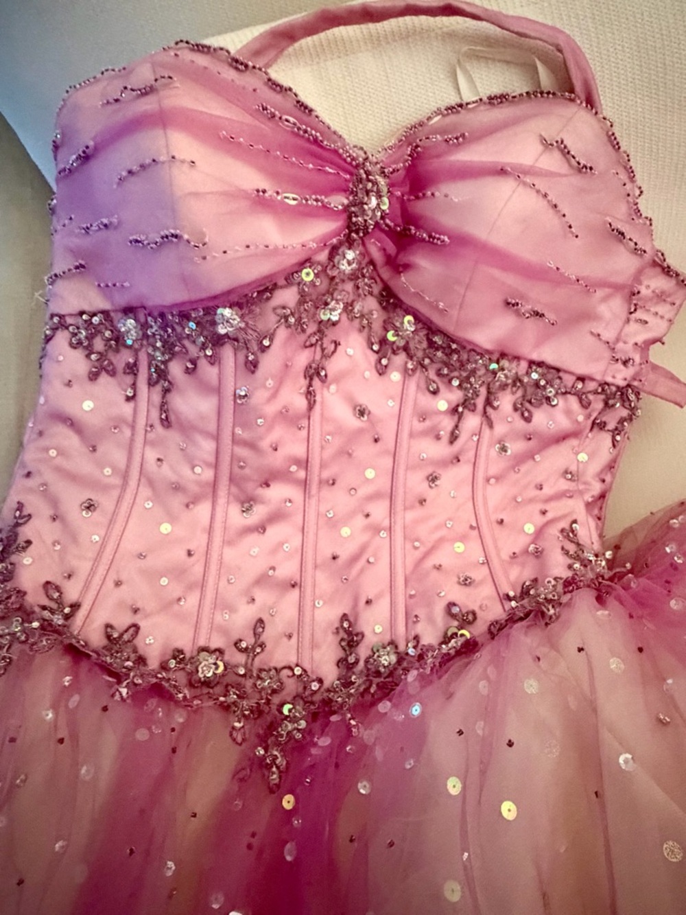 Mori Lee Strapless Pink Tulle Ball Gown with Beaded Bodice - Picture 8 of 9